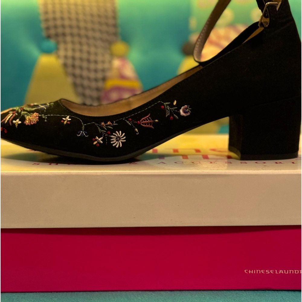 Black Floral Ankle Strap Shoe